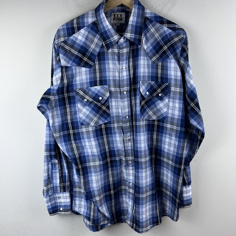 Ely Cattleman Men's Blue White Plaid‎ Pearl Snap Western Shirt Double Pocket